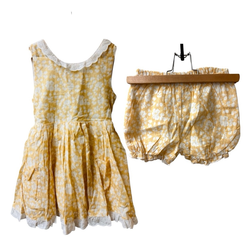 SweetHoney Lace Eyelet Yellow Floral Dress + Bloomers Set